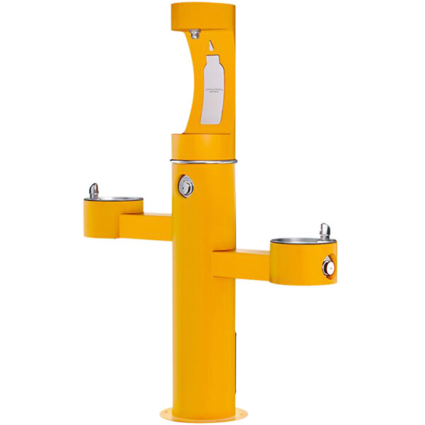 A yellow Halsey Taylor Endura II outdoor pedestal bottle filling station with two drinking fountains.