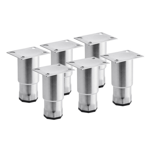 A set of six silver metal Avantco refrigeration equipment legs with four holes.