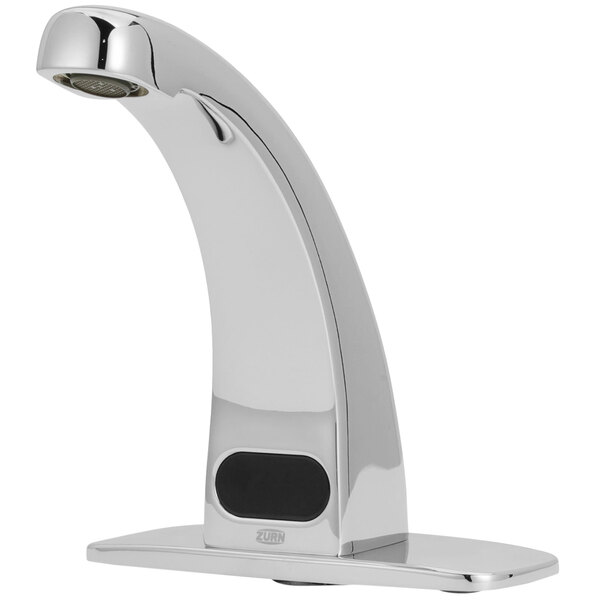A Zurn AquaSense deck mount sensor faucet with a chrome finish and black button.