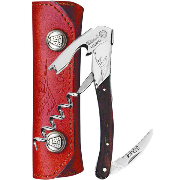 A red leather case with a Chateau Laguiole Serge Dubs Waiter's Corkscrew.