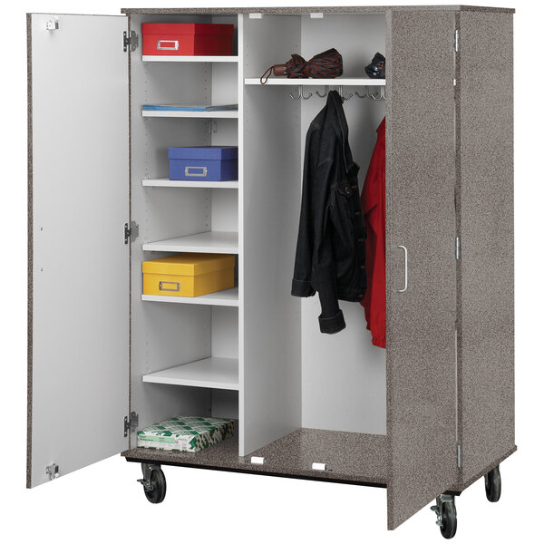 A grey storage cart with shelves and locking doors.
