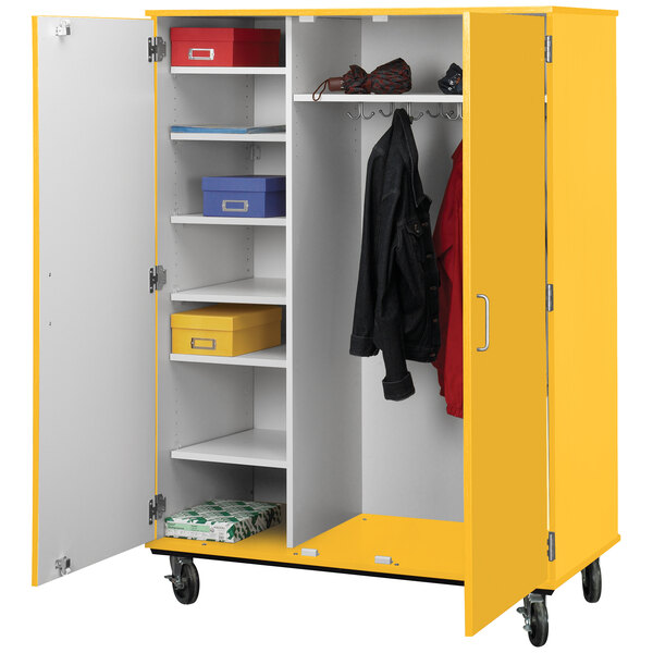A sun yellow I.D. Systems storage cabinet with white doors.
