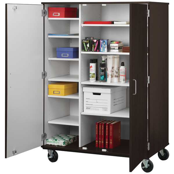 An I.D. Systems tall closed storage cart in a room with shelves and objects on wheels.