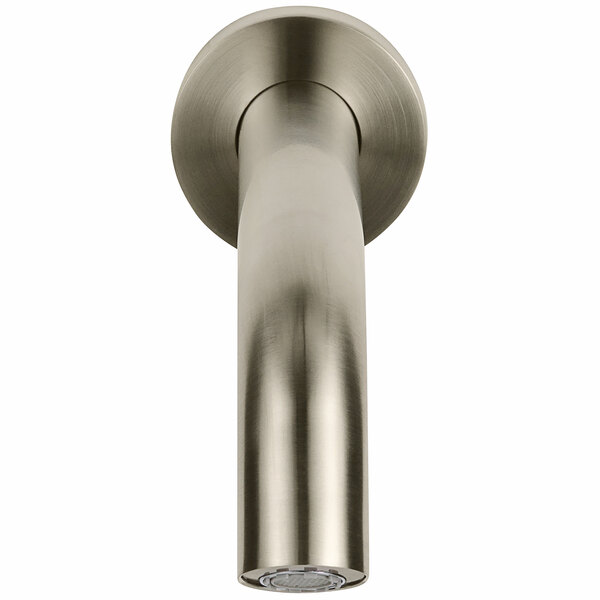 A Zurn brushed nickel wall mount soap dispenser with an 8" spout.
