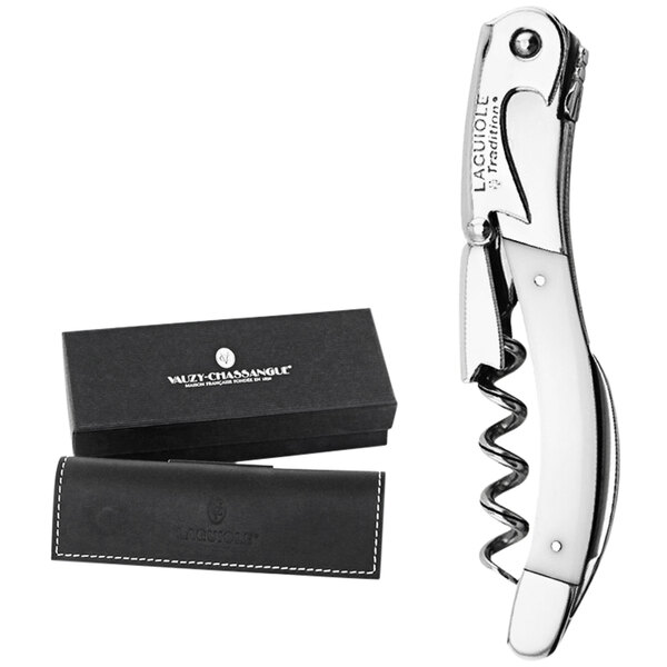 A Laguiole Tradition white waiter's corkscrew in a black box with a bottle opener.