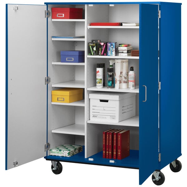 A royal blue I.D. Systems storage cart with closed shelves.