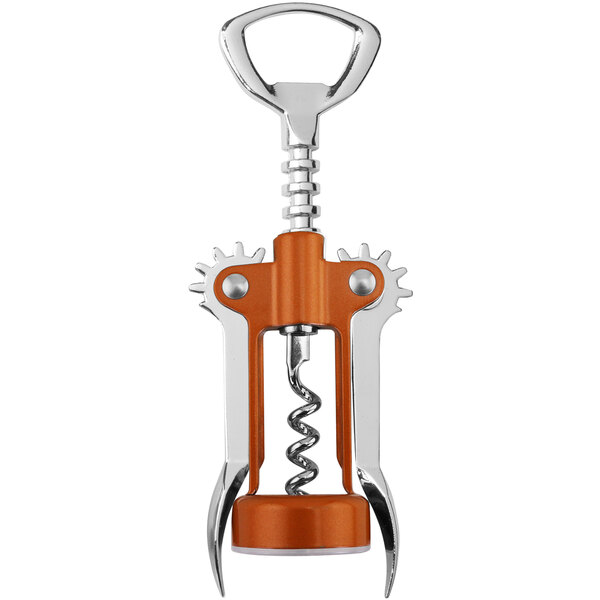 A Franmara Tavern corkscrew with an orange body and metal wings.
