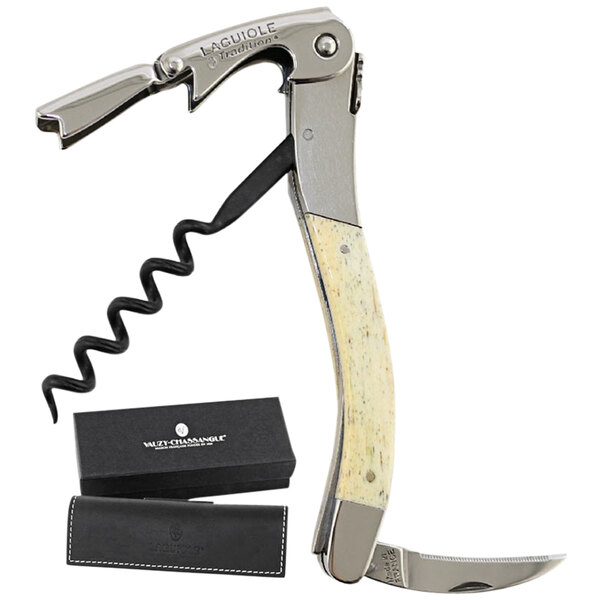 A Laguiole Tradition Mammoth Fossil Waiter's Corkscrew with a black case.