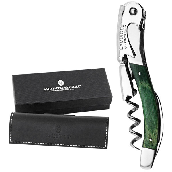 A Laguiole Tradition green stamina wood and silver corkscrew with a black case.
