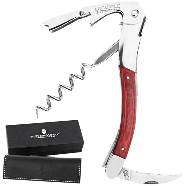A Laguiole Tradition red stamina wood waiter's corkscrew with a red handle.