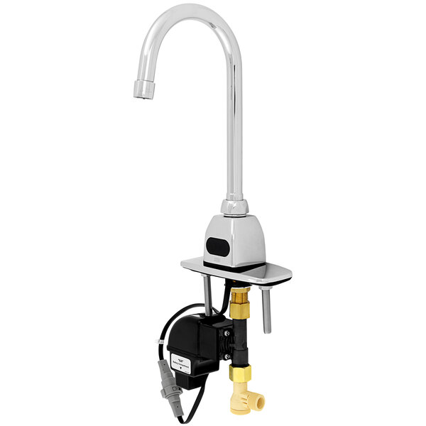 A Zurn AquaSense deck mount sensor faucet with a gooseneck spout and a valve.