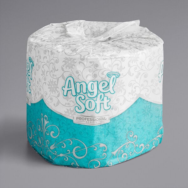 An individually wrapped Angel Soft toilet paper roll with blue and white packaging.