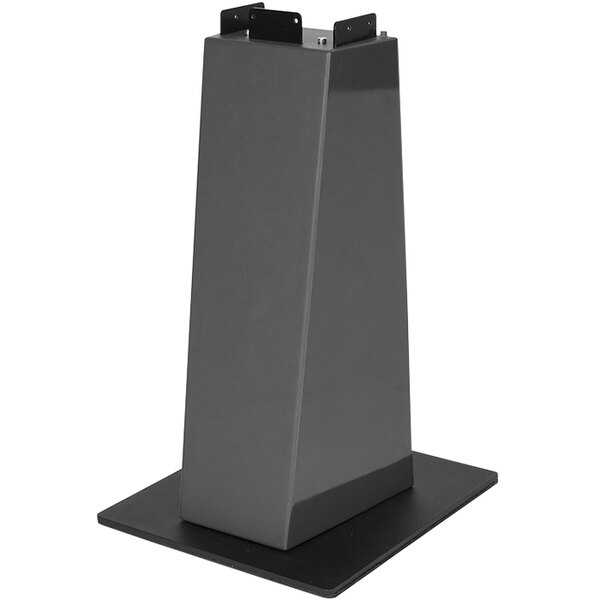 A black metal stand with a black rectangular base holding a grey rectangular object.