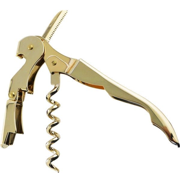 A gold plated stainless steel Franmara waiter's corkscrew with a corkscrew.