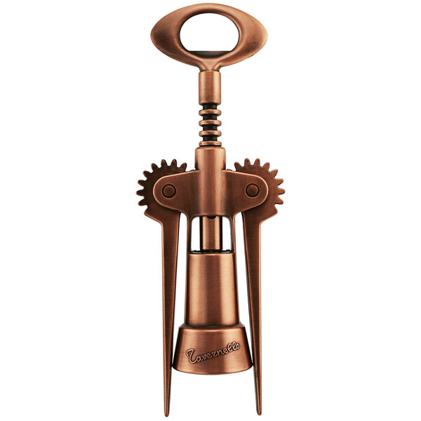 A close-up of a Franmara Tavernello copper wing corkscrew with gears.