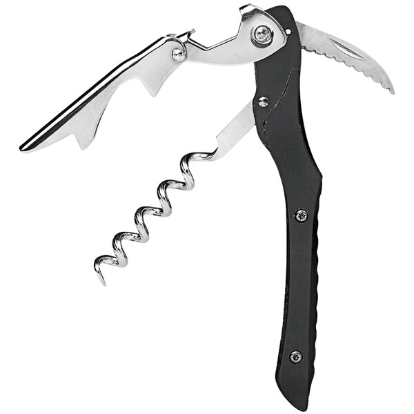 A Franmara Castello waiter's corkscrew with a black and silver handle and a knife.