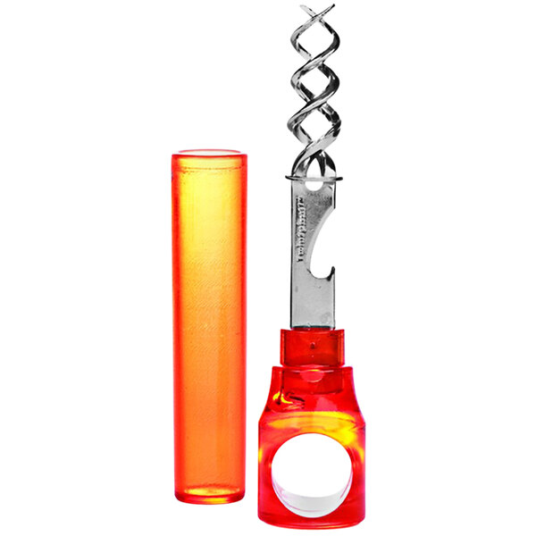 A Franmara translucent red and orange plastic pocket corkscrew with twin spiral openings.