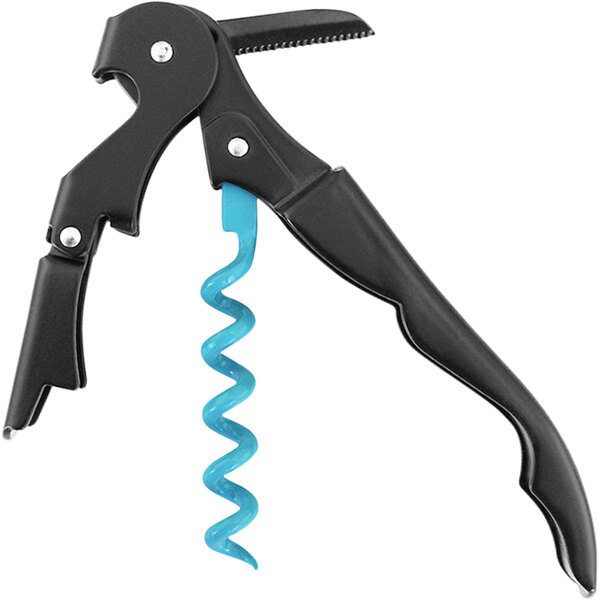 A teal and black Franmara Duo-Lever spiral corkscrew.