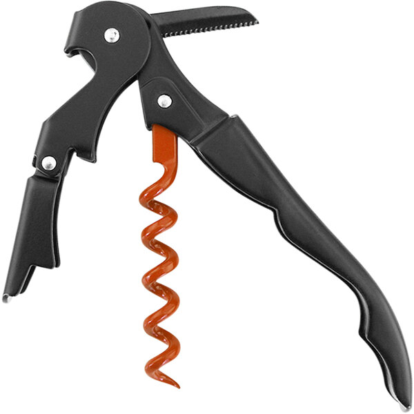 A Franmara Tangerine Duo-Lever Elixir Corkscrew with a black and red corkscrew and orange handle.