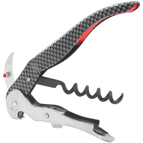 A black and red MONZA Pullparrot waiter's corkscrew.