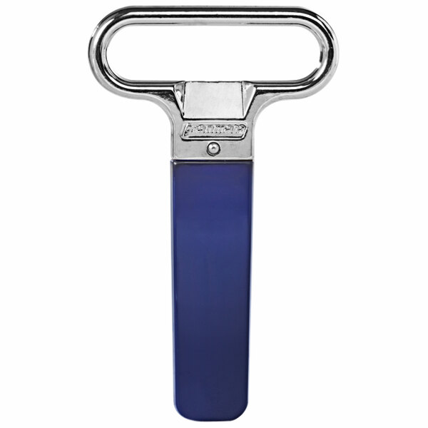 A Franmara chrome-plated cork extractor with a dark blue handle.