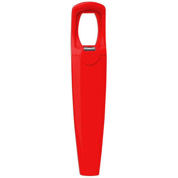 A red plastic Franmara Traveler's corkscrew and bottle opener with a white lid.
