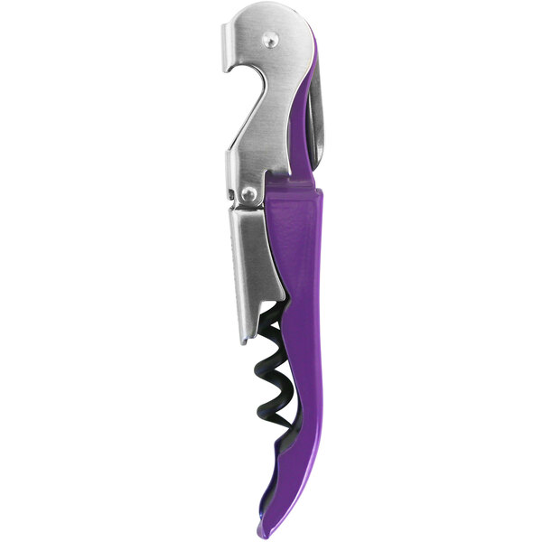 A Franmara corkscrew with a customizable violet enamel handle and silver blade.