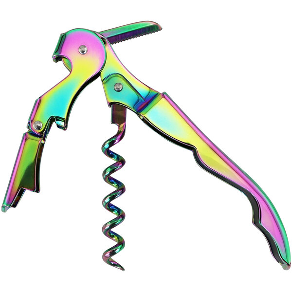 A multicolored Franmara stainless steel waiter's corkscrew with a spiral.