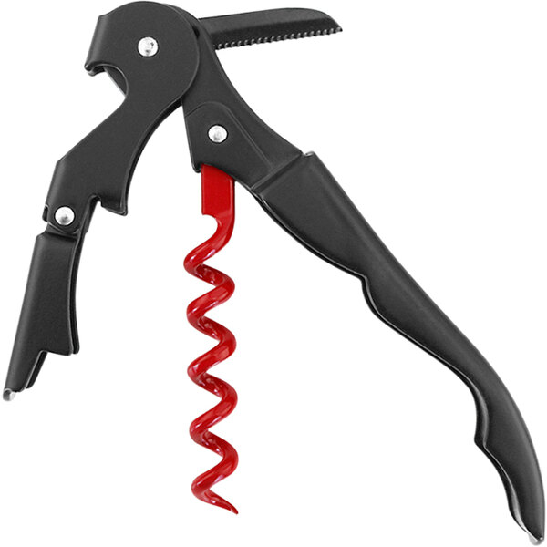 A Franmara Elixir corkscrew with black and red handles.