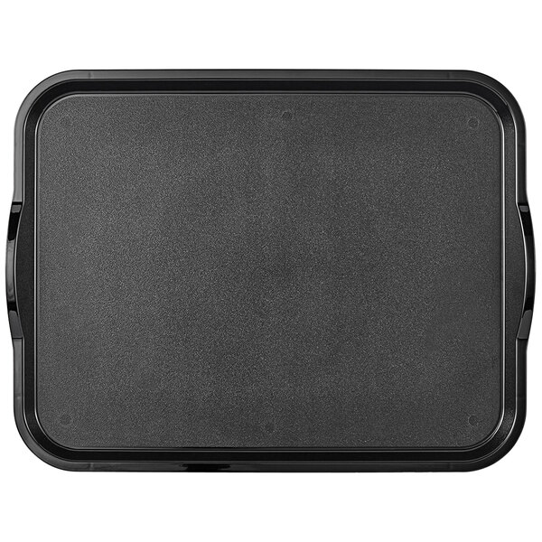 A black rectangular Cambro fast food tray with black handles.