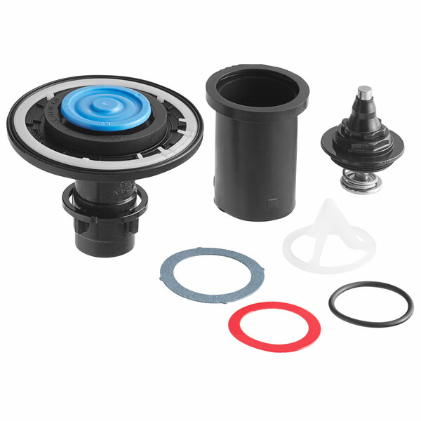A blue and black Sloan Royal Performance rebuild kit for a water closet with rubber seals.