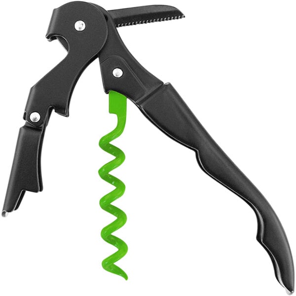 A Franmara corkscrew with a black and green handle and spiral.