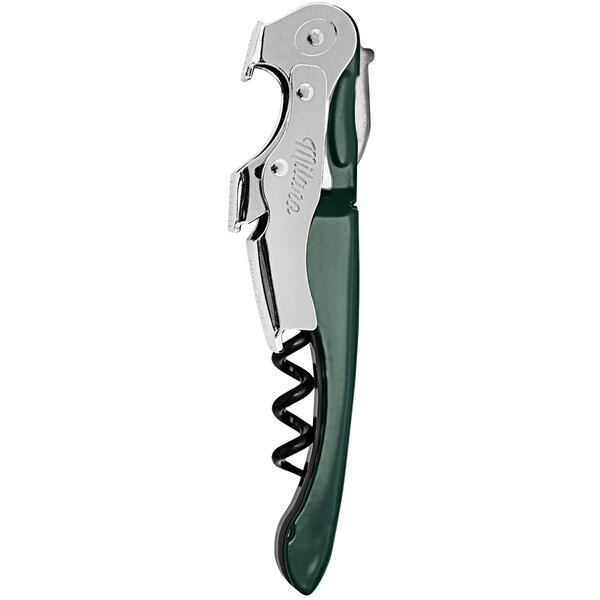 A Milano double-lever corkscrew with a dark green handle and silver screw.