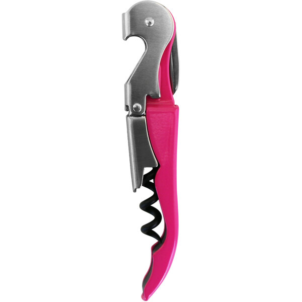 A Franmara customizable corkscrew with a pink and silver metal handle.