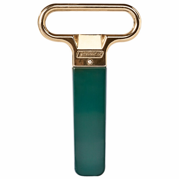 A brass-plated cork extractor with a dark green and gold metal handle.
