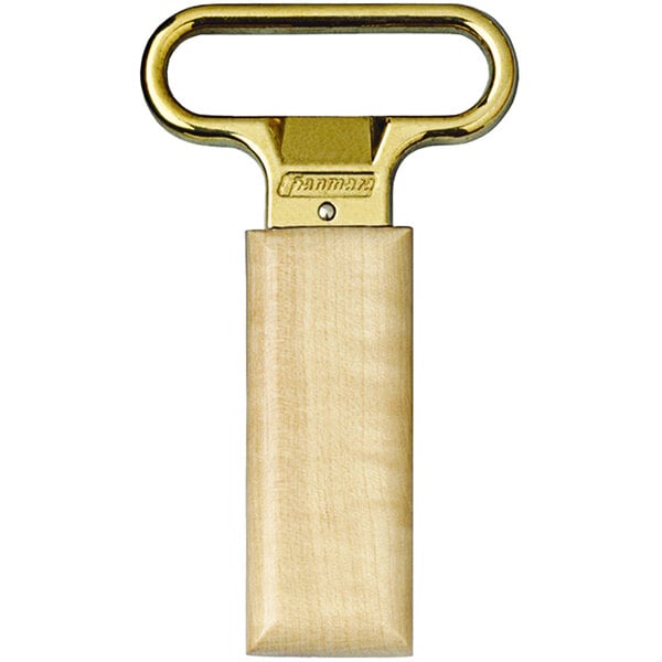 A Franmara brass-plated two-prong cork extractor with a birch wood handle.