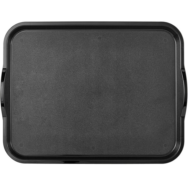 A black rectangular Cambro fast food tray with handles.