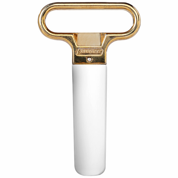 A brass and white metal Franmara cork extractor with a white sheath.