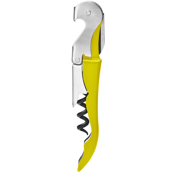 A Franmara yellow and silver corkscrew with a screw and knife.