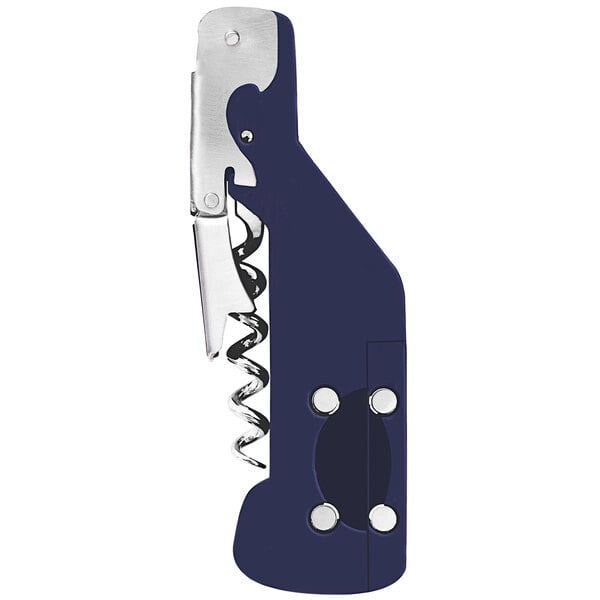 A close-up of a Franmara Boomerang Balena Compact Waiter's Corkscrew with a dark blue and silver handle.