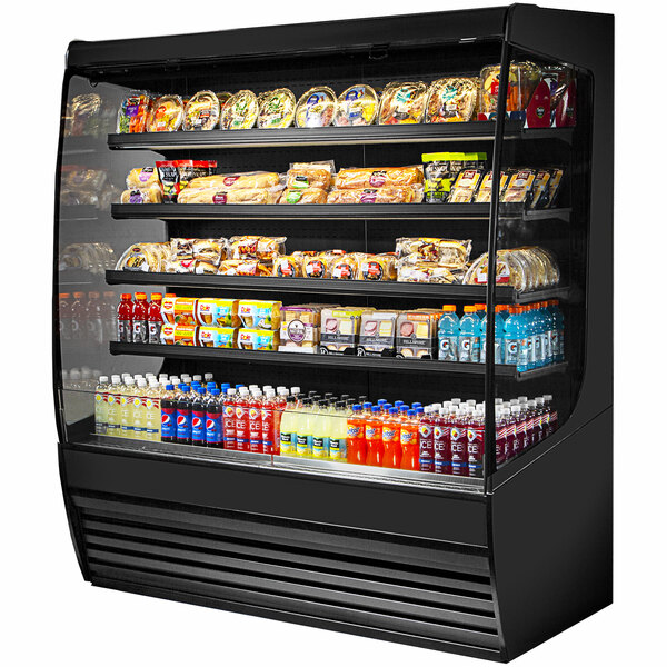 A black Federal Industries Vision Series refrigerated self-serve merchandiser with food on shelves.