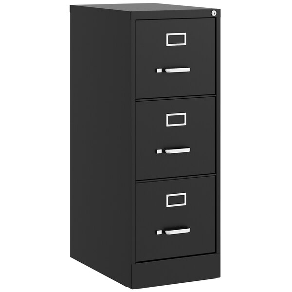 A black Hirsh Industries three drawer vertical file cabinet.