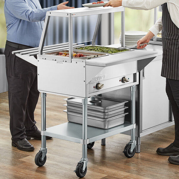ServIt Two Pan Open Well Electric Steam Table with Angled Sneeze Guard, Tubular Tray Slide, and Casters - 120V, 1000W