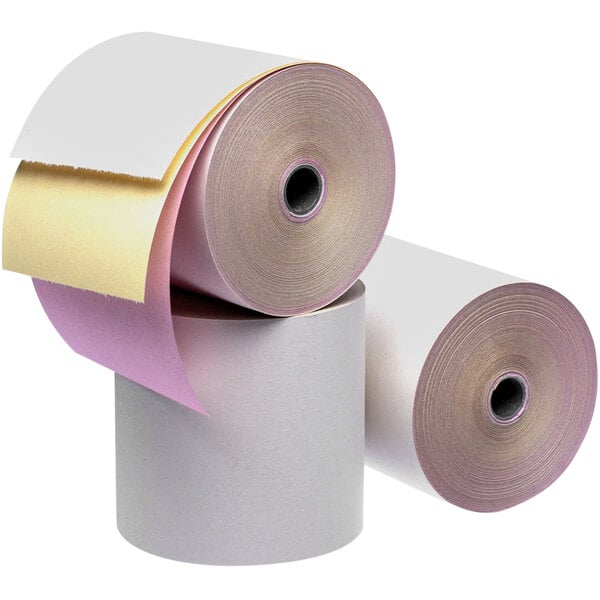 A group of Point Plus 3-ply carbonless cash register paper rolls.