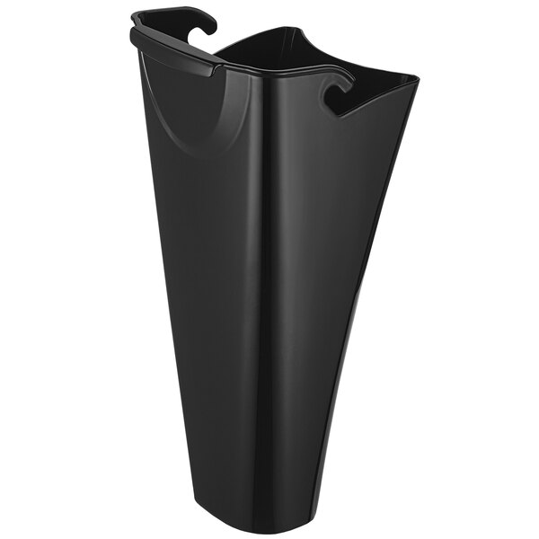 A black plastic container with a handle and a black circle.