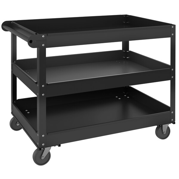 A black metal Hirsh Industries utility cart with three shelves and wheels.