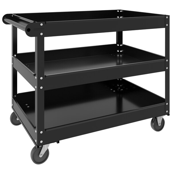 A black metal Hirsh Industries utility cart with three shelves and wheels.