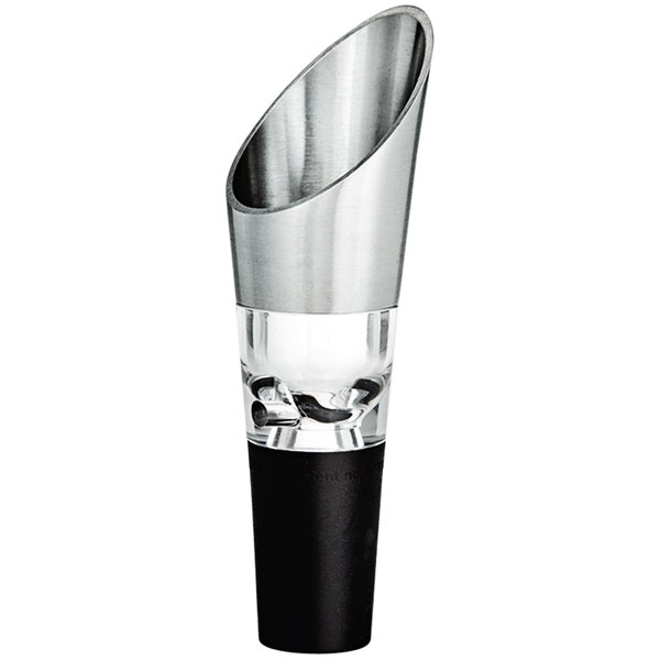 A Franmara stainless steel wine pourer with a black and silver design.