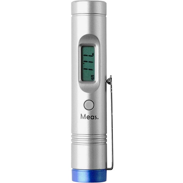 A Franmara infrared wine thermometer with a silver and blue screen.