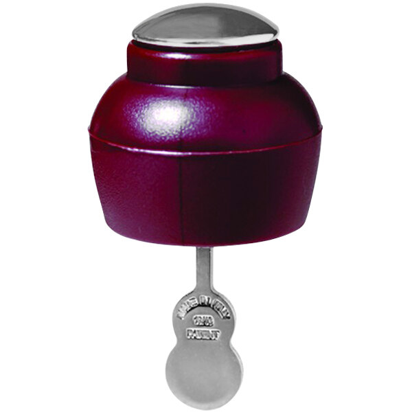 A Franmara stainless steel wine pourer and stopper with silver accents and a red bell.